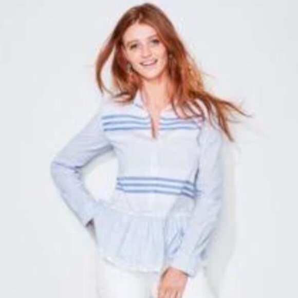 Donna Karan Tops - DKNY Donna Karan Striped Blouse sz L Ruffle Hem Pointed Collar Long Sleeve Work